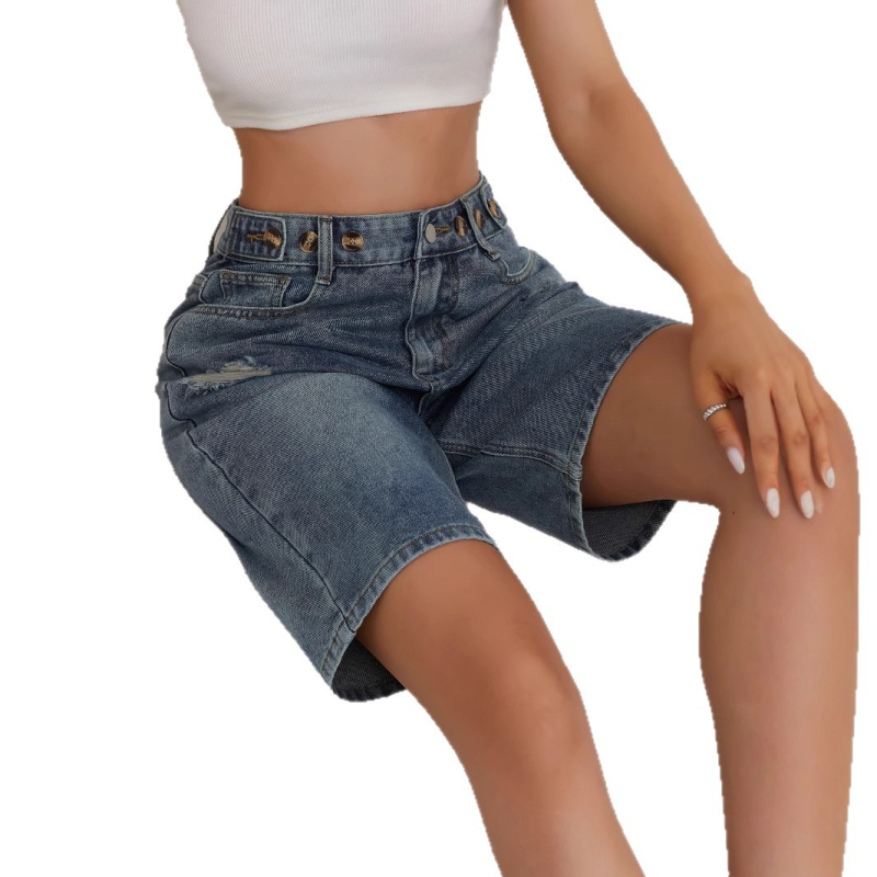 2025 m. plėšytos, laisvos, liekninamosios, reguliuojamo ilgio moteriškos laisvos džinsinės kelnės, kriaušės formos, penkių taškų, europietiško stiliaus