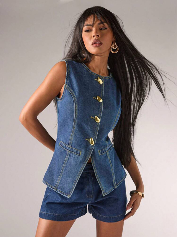 Határokon átnyúló külkereskedelem Amazon európai és amerikai ujjatlan kék farmer farmer mellény női divatos szegélyű hasított kerek nyakú felső