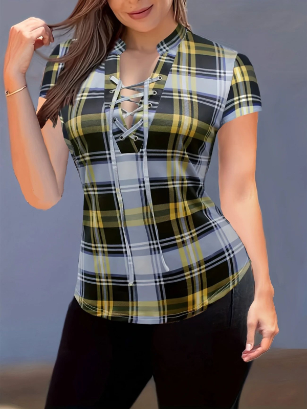 2025 Amazon Modă europeană și americană Primăvară și vară Nou Plaid Imprimat Guler Piept Curea Top Slim