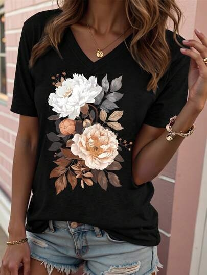 Inawly női laza virágmintás rövid ujjú póló, S