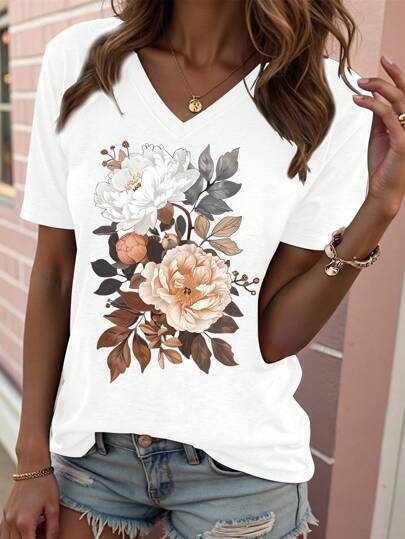 Inawly női laza virágmintás rövid ujjú póló, S