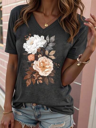 Inawly női laza virágmintás rövid ujjú póló, S