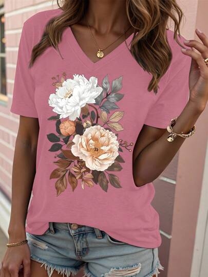 Inawly női laza virágmintás rövid ujjú póló, S