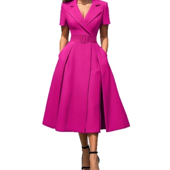 Ln1538 Határokon átnyúló 2025-ös európai és amerikai nyári új, professzionális elegáns, rövid ujjú, tiszta színű, hajtókás hosszú ruha