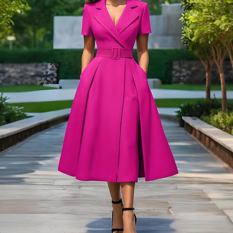 Ln1538 Határokon átnyúló 2025-ös európai és amerikai nyári új, professzionális elegáns, rövid ujjú, tiszta színű, hajtókás hosszú ruha