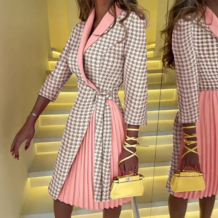 Európai és amerikai export Aliexpress Amazon tavaszi és őszi női V-nyakú divatos pántos derekú, rakott, középujjú ruha