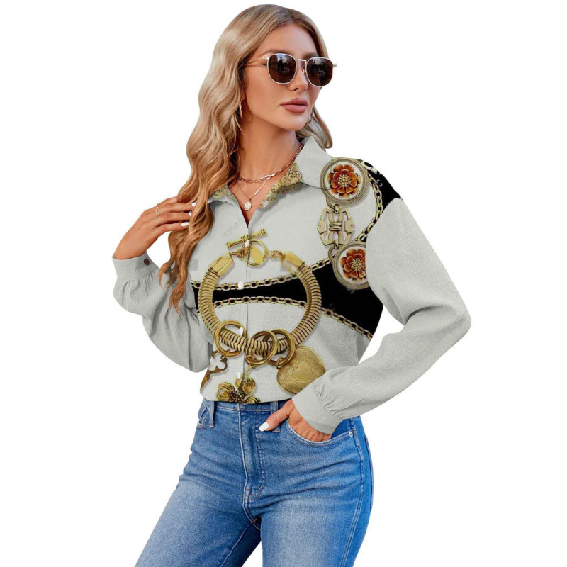 2024 Határokon átnyúló európai és amerikai export 3D nyomtatású női divatos egyrészes, testreszabott hosszú ujjú ing, népszerű hajtókás ing