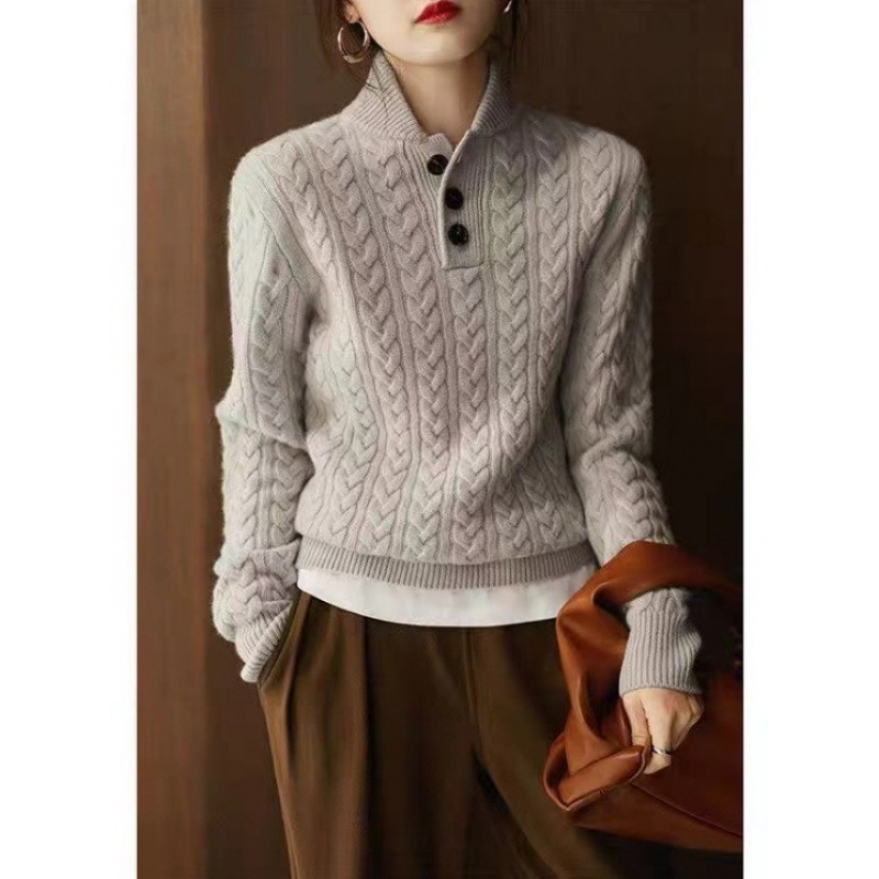 Baseball galléros, csavart kötél textúrájú kötött női pulóver 2025 sokoldalú, egyszerű, tiszta színű, őszi és téli új retró alsó felső