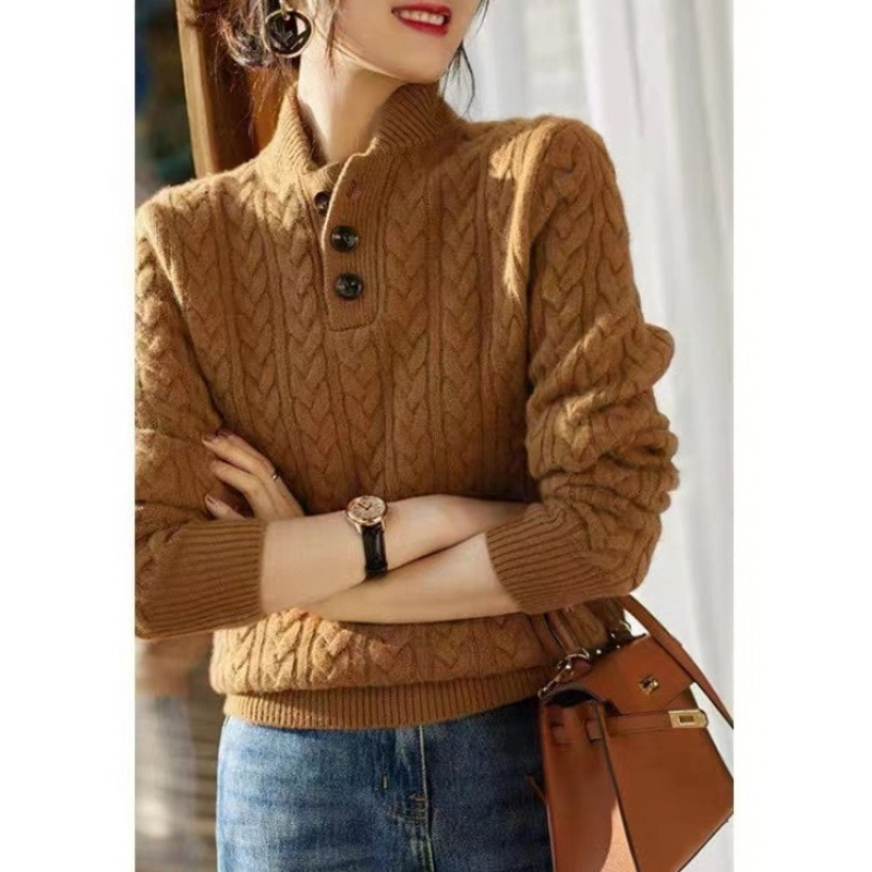 Baseball galléros, csavart kötél textúrájú kötött női pulóver 2025 sokoldalú, egyszerű, tiszta színű, őszi és téli új retró alsó felső