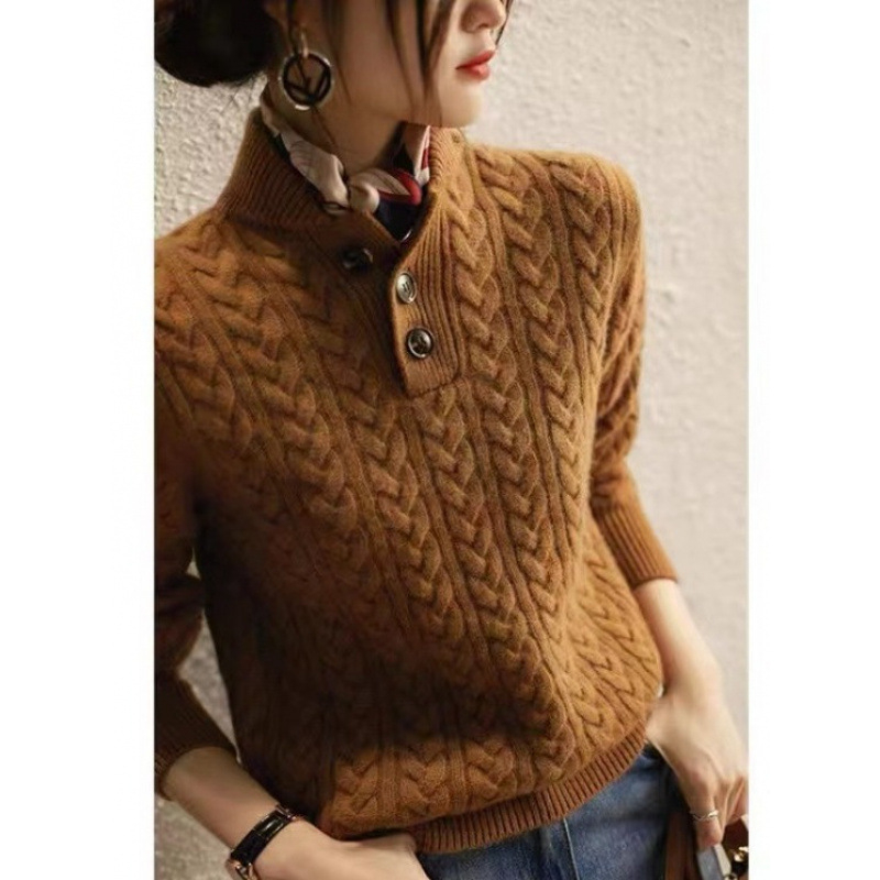 Baseball galléros, csavart kötél textúrájú kötött női pulóver 2025 sokoldalú, egyszerű, tiszta színű, őszi és téli új retró alsó felső
