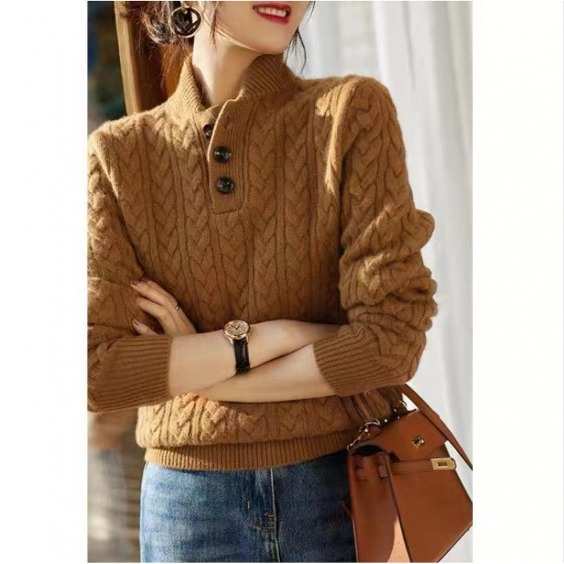 Baseball galléros, csavart kötél textúrájú kötött női pulóver 2025 sokoldalú, egyszerű, tiszta színű, őszi és téli új retró alsó felső