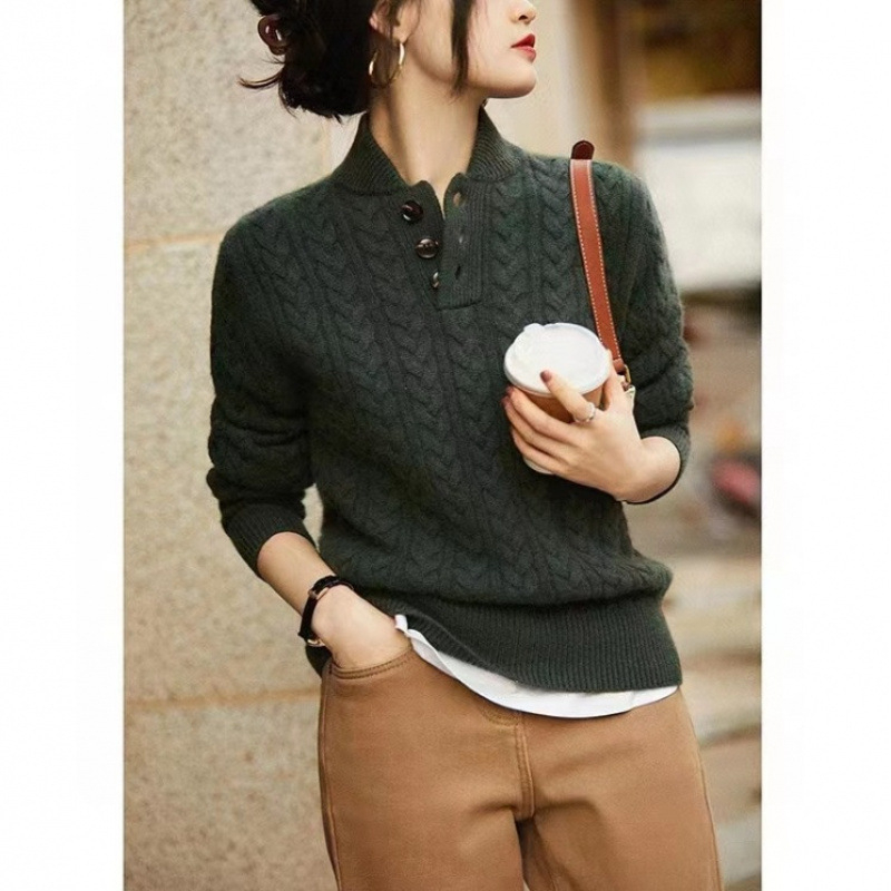 Baseball galléros, csavart kötél textúrájú kötött női pulóver 2025 sokoldalú, egyszerű, tiszta színű, őszi és téli új retró alsó felső