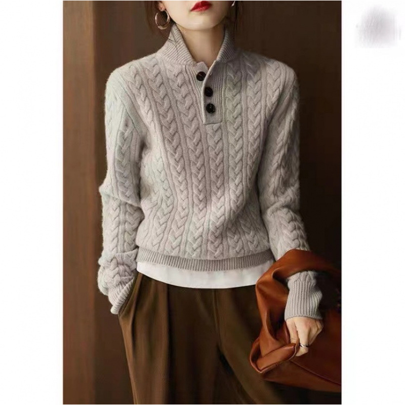 Baseball galléros, csavart kötél textúrájú kötött női pulóver 2025 sokoldalú, egyszerű, tiszta színű, őszi és téli új retró alsó felső