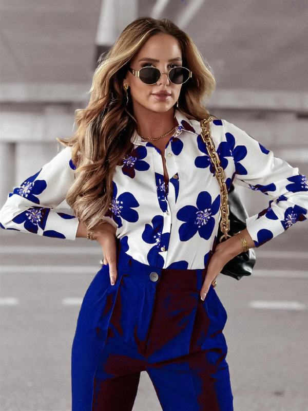 Tavaszi és őszi női stílusos ingázós hajtókás hosszú ujjú virágmintás ing