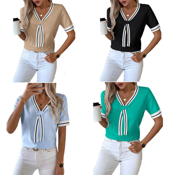X7390 Amazon európai és amerikai határokon átnyúló nyári robbanások női kontrasztos színű, V-nyakú, rövid felső, divatos pulóver