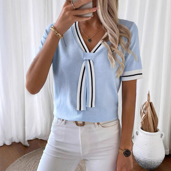 X7390 Amazon európai és amerikai határokon átnyúló nyári robbanások női kontrasztos színű, V-nyakú, rövid felső, divatos pulóver