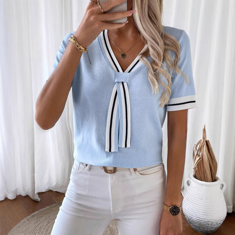 X7390 Amazon európai és amerikai határokon átnyúló nyári robbanások női kontrasztos színű, V-nyakú, rövid felső, divatos pulóver