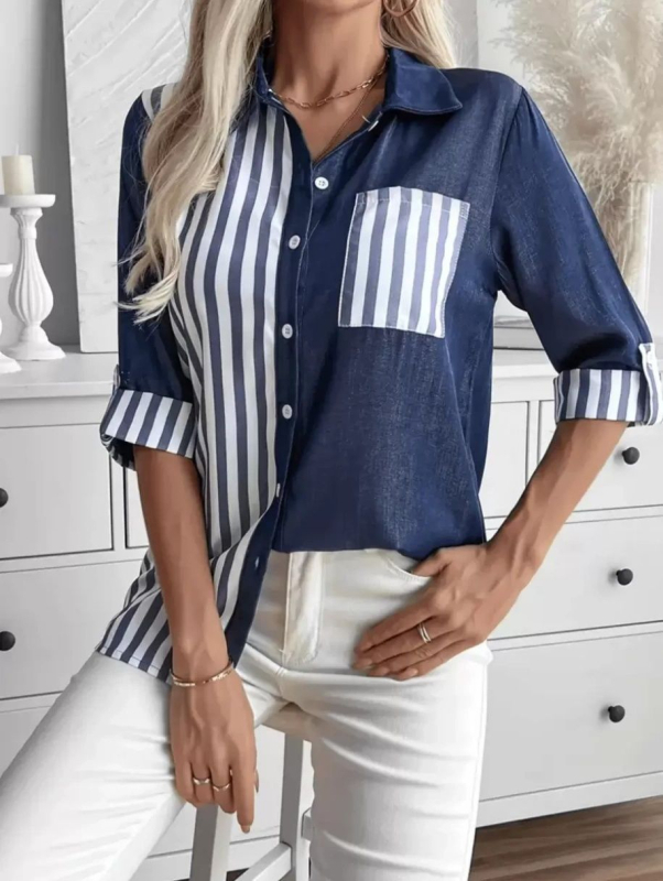 2025-ös európai és amerikai határokon átnyúló Amazon Aliexpress új nyári női lezser csíkos tiszta színű, illesztéses hajtókás ing