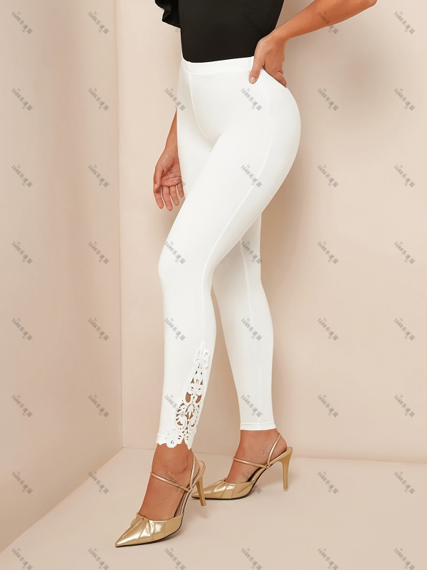 Europske i američke prekogranične ženske proljetne i ljetne elegantne jednobojne rastezljive uske hlače s čipkom