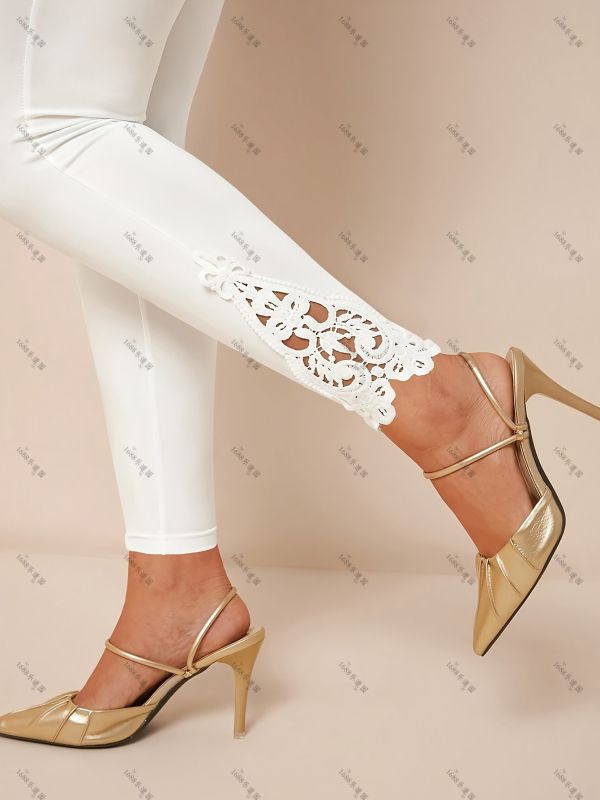 Europske i američke prekogranične ženske proljetne i ljetne elegantne jednobojne rastezljive uske hlače s čipkom