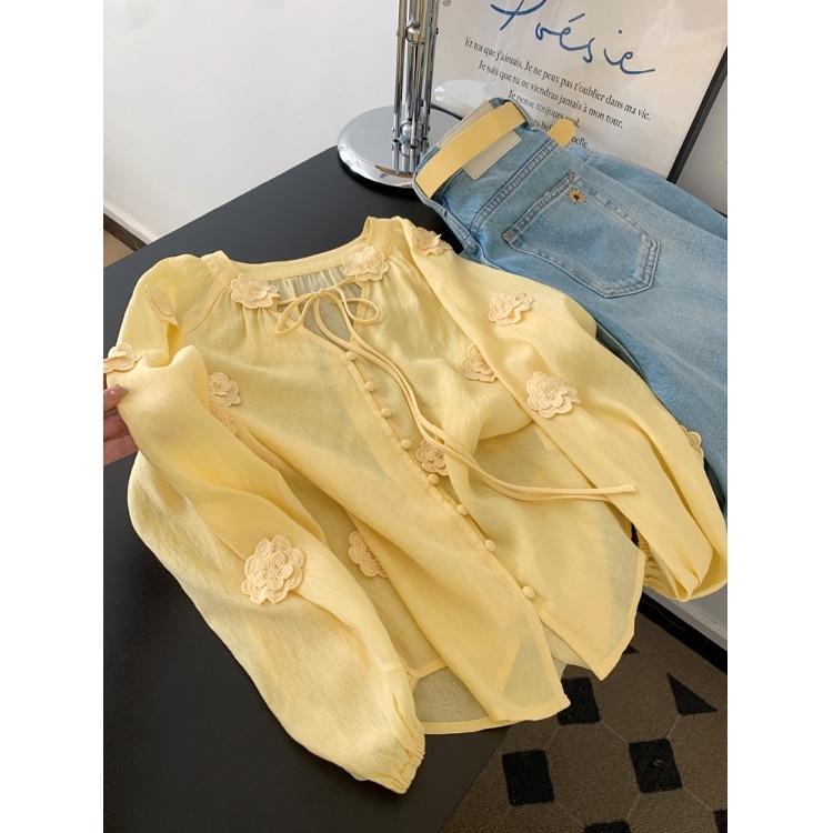 Sárga női ing, erős, háromdimenziós virágmintával, elegáns, 2025-ös nyári, új, sokoldalú, divatos, vékony felső
