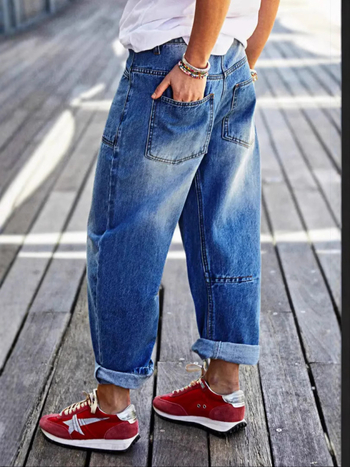 Határokon átnyúló Amazon európai és amerikai stretch farmernadrág felhajtott szegéllyel, foltzsebes, középderekú, hordószárú, rövidített farmernadrág nőknek