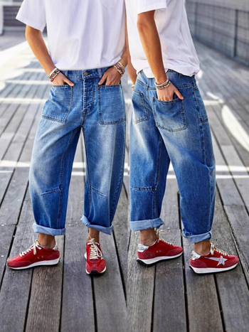 Határokon átnyúló Amazon európai és amerikai stretch farmernadrág felhajtott szegéllyel, foltzsebes, középderekú, hordószárú, rövidített farmernadrág nőknek