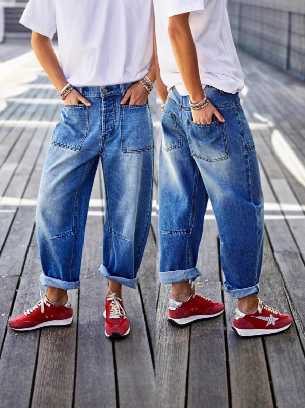 Határokon átnyúló Amazon európai és amerikai stretch farmernadrág felhajtott szegéllyel, foltzsebes, középderekú, hordószárú, rövidített farmernadrág nőknek