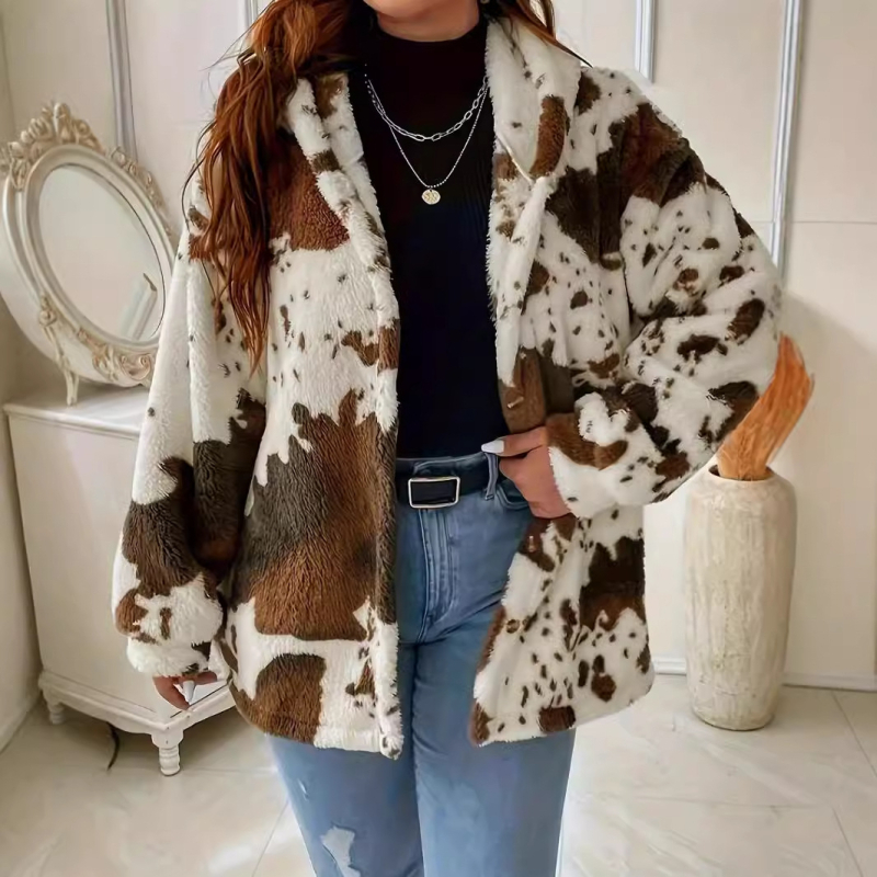 2024 őszi és téli, határokon átnyúló Amazon új európai és amerikai alkalmi divatos, töltött dzseki női tehénmintás gombos pulóver