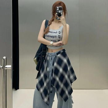 Φετινή δημοφιλής φούστα με ακανόνιστο καρό στρίφωμα, γυναικεία φούστα με δετά κορδόνια, πουκάμισο για αγόρια, με κουρτίνα και τελείωμα