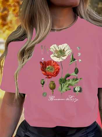 Női virágmintás, kerek nyakú, rövid ujjú póló - rózsaszín