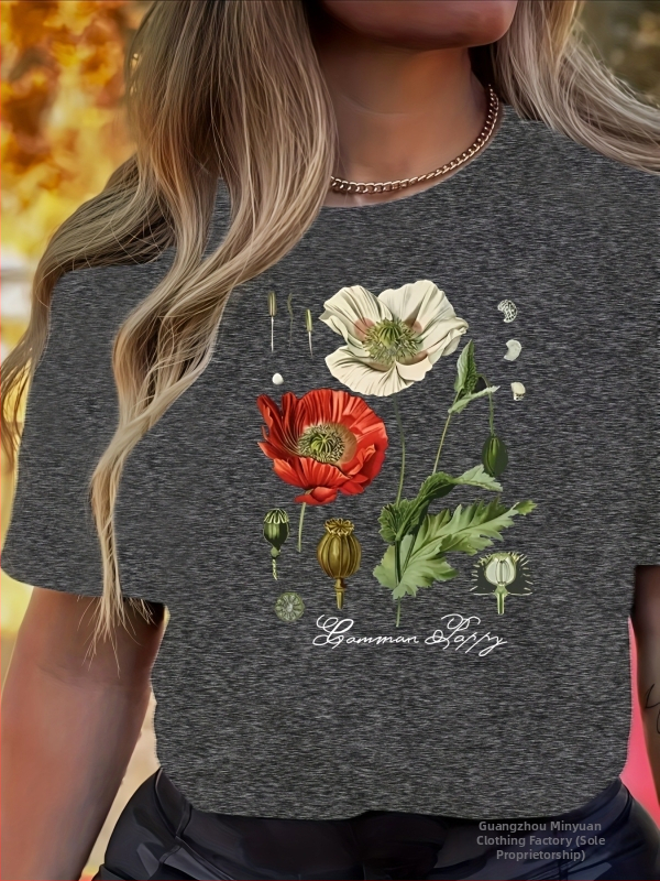 Női virágmintás, kerek nyakú, rövid ujjú póló - rózsaszín