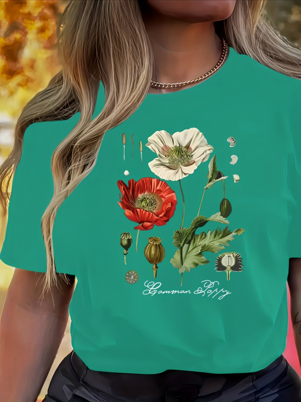 Női virágmintás, kerek nyakú, rövid ujjú póló - rózsaszín