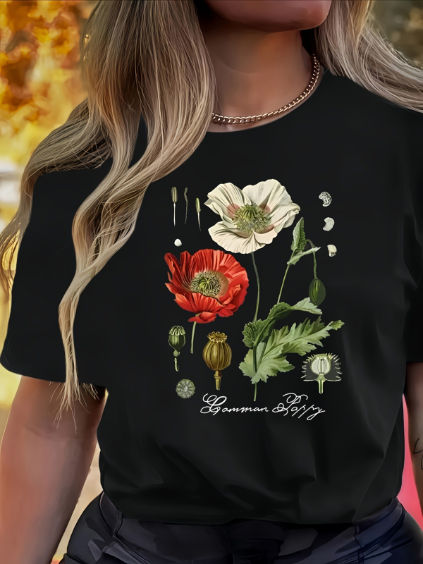 Női virágmintás, kerek nyakú, rövid ujjú póló - rózsaszín