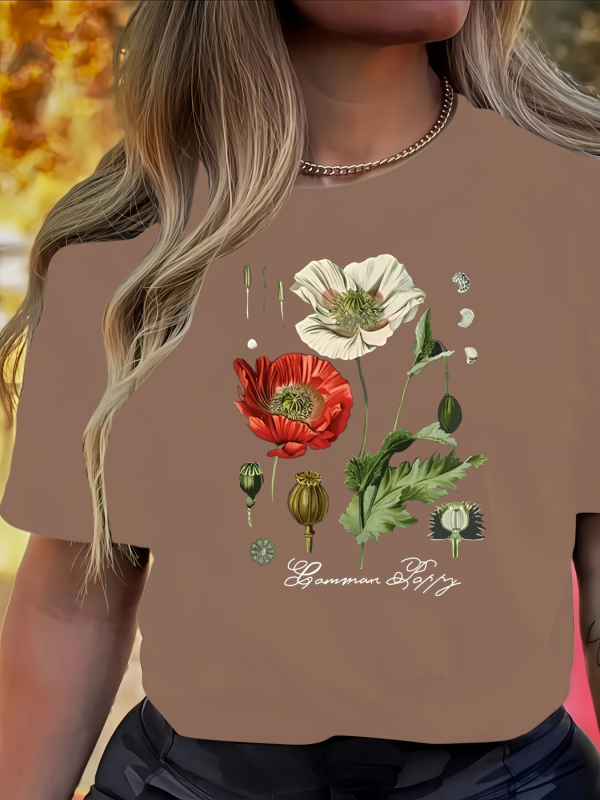 Női virágmintás, kerek nyakú, rövid ujjú póló - rózsaszín