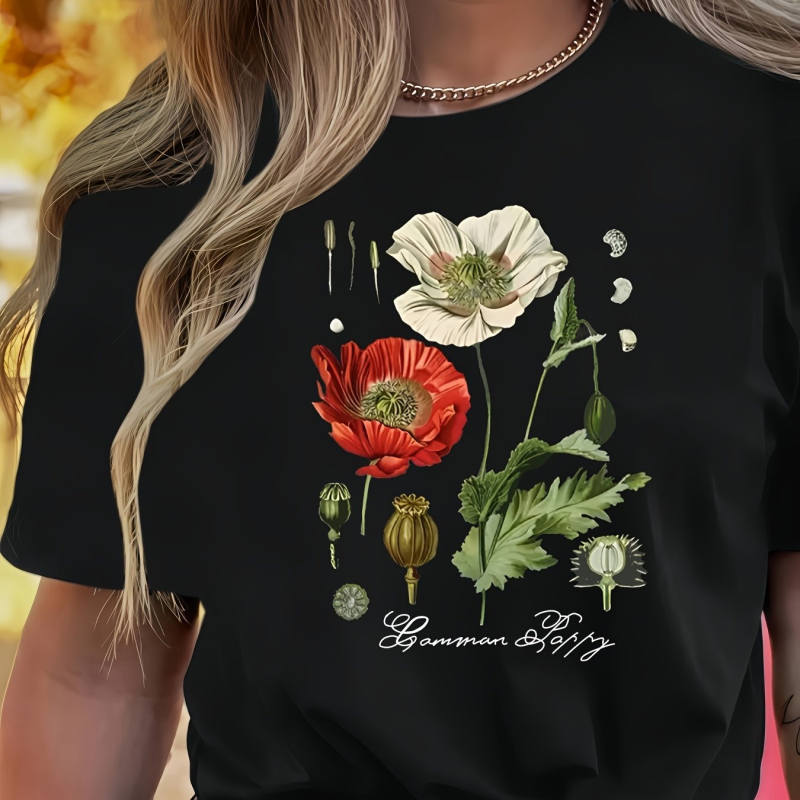 Női virágmintás, kerek nyakú, rövid ujjú póló - rózsaszín