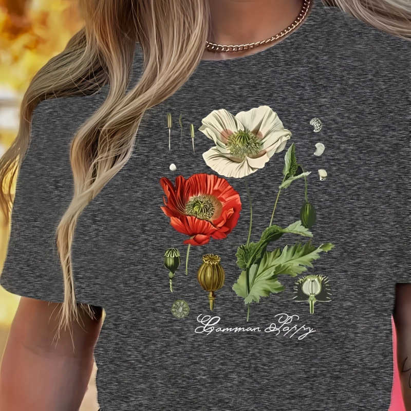 Női virágmintás, kerek nyakú, rövid ujjú póló - rózsaszín