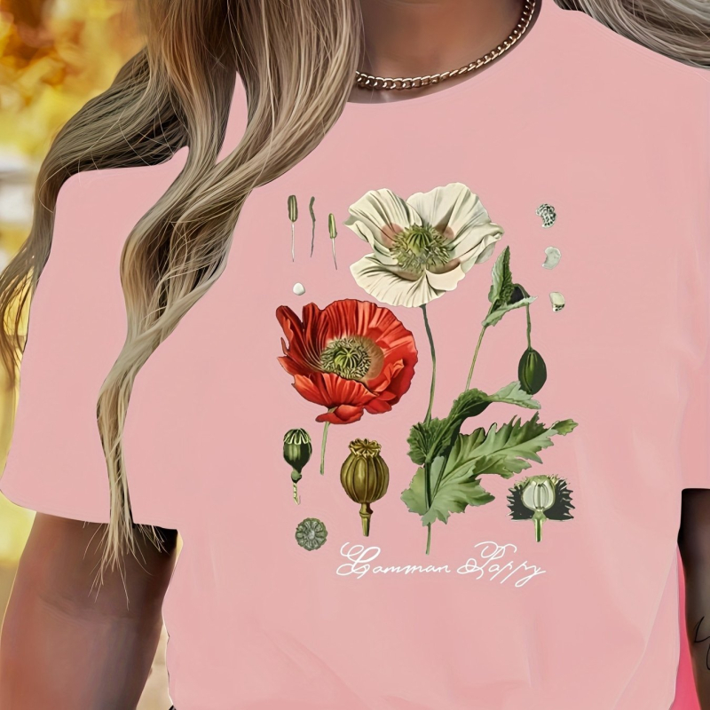 Női virágmintás, kerek nyakú, rövid ujjú póló - rózsaszín