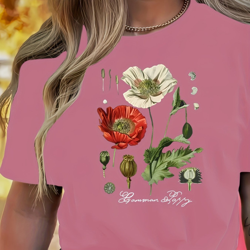 Női virágmintás, kerek nyakú, rövid ujjú póló - rózsaszín