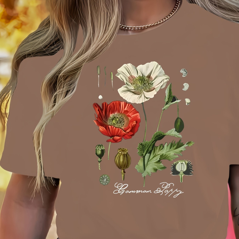 Női virágmintás, kerek nyakú, rövid ujjú póló - rózsaszín