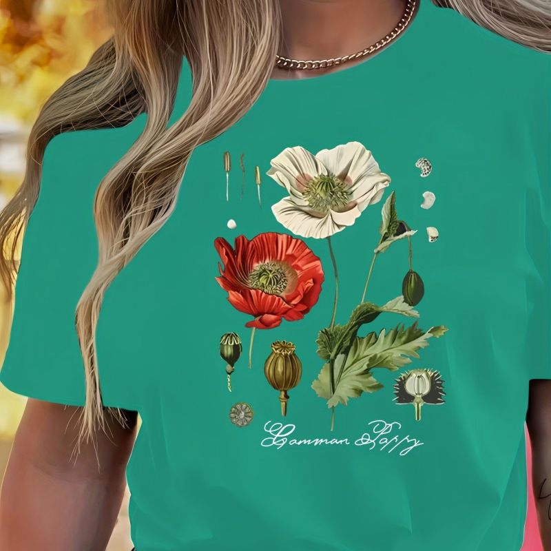 Női virágmintás, kerek nyakú, rövid ujjú póló - rózsaszín