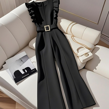 Черен гащеризон с жилетка 2025 Супер популярен пролетен нов стил, елегантен и женствен, гащеризон за намаляване на възрастта