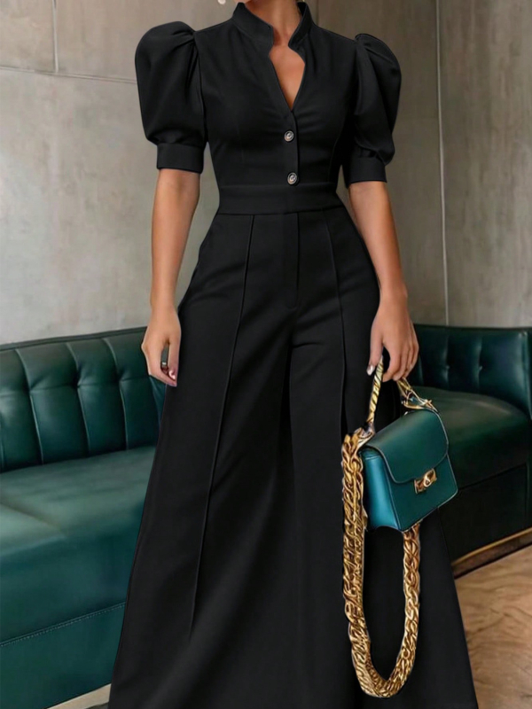 Amazon határokon átnyúló kereskedelem tavaszi és őszi V-nyakú európai és amerikai stílusú overál női ruházat derékig érő rövid ujjú bő szárú nadrág ingázó stílus