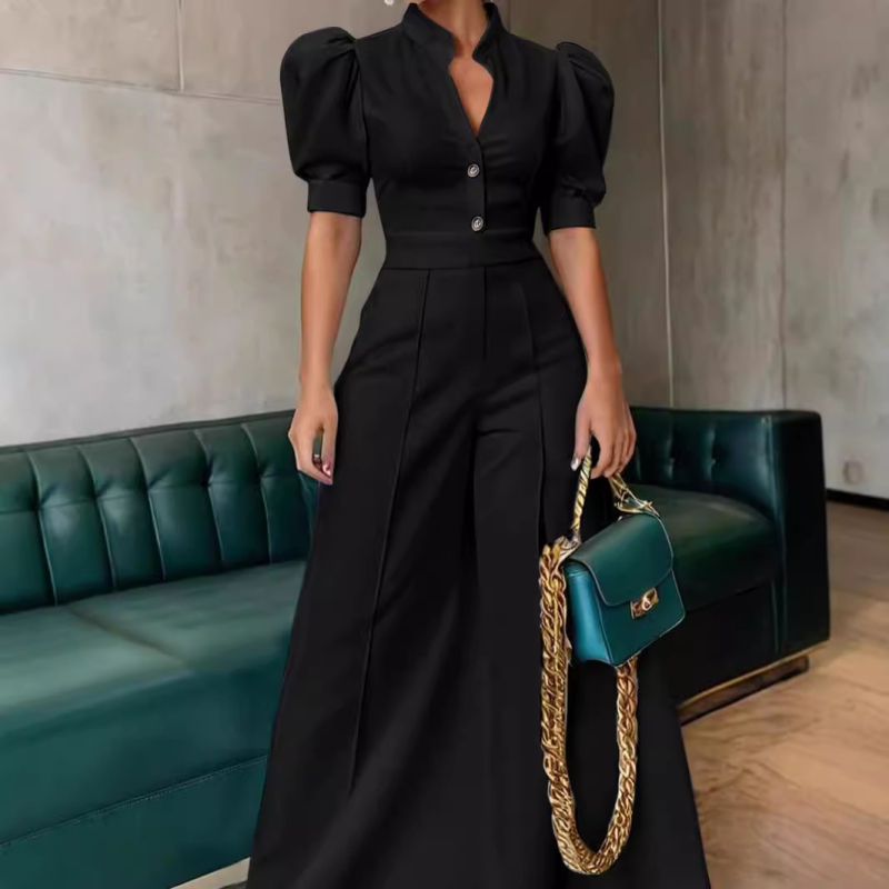 Amazon határokon átnyúló kereskedelem tavaszi és őszi V-nyakú európai és amerikai stílusú overál női ruházat derékig érő rövid ujjú bő szárú nadrág ingázó stílus