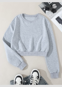 Új, kerek nyakú, polár bélésű, egyszínű, rövid pulóver, női divatos, hosszú ujjú, bő felső