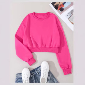 Új, kerek nyakú, polár bélésű, egyszínű, rövid pulóver, női divatos, hosszú ujjú, bő felső