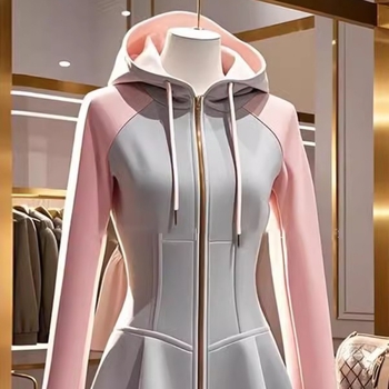 Egyedi, szuper csinos, egy darabos szürke-rózsaszín kontrasztos kapucnis derekú pulóver női kabát, kicsi, 2025-ös tavaszi/nyári újdonság