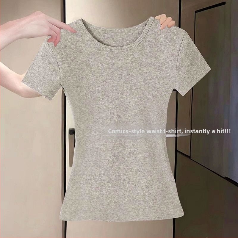 Nyári új, Pure Desire stílusú, feszes női póló, egyszínű, sokoldalú, rövid ujjú fazon, derekát összehúzó, dögös lányos crop top