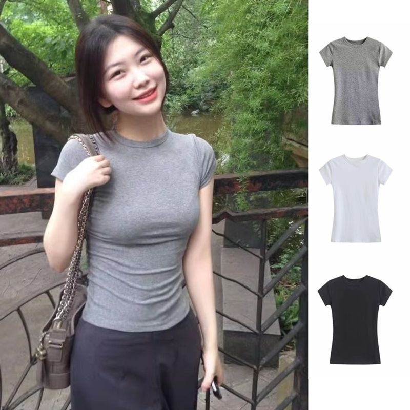 Nyári új, Pure Desire stílusú, feszes női póló, egyszínű, sokoldalú, rövid ujjú fazon, derekát összehúzó, dögös lányos crop top