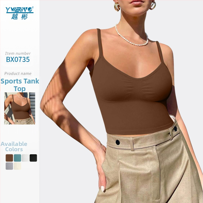 Дамски йога потник без подплънки за гърди, оребрен плетен спортен топ с тиранти, регулируеми презрамки, безшевно късо вътрешно облекло